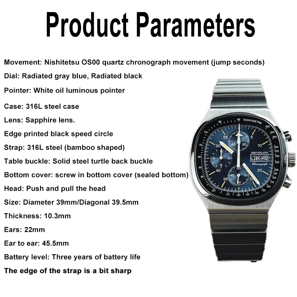 Hruodland F022 Retro Chronograph-Herrenuhr – Saphirglas Edelstahl Blau & Schwarz Fashion