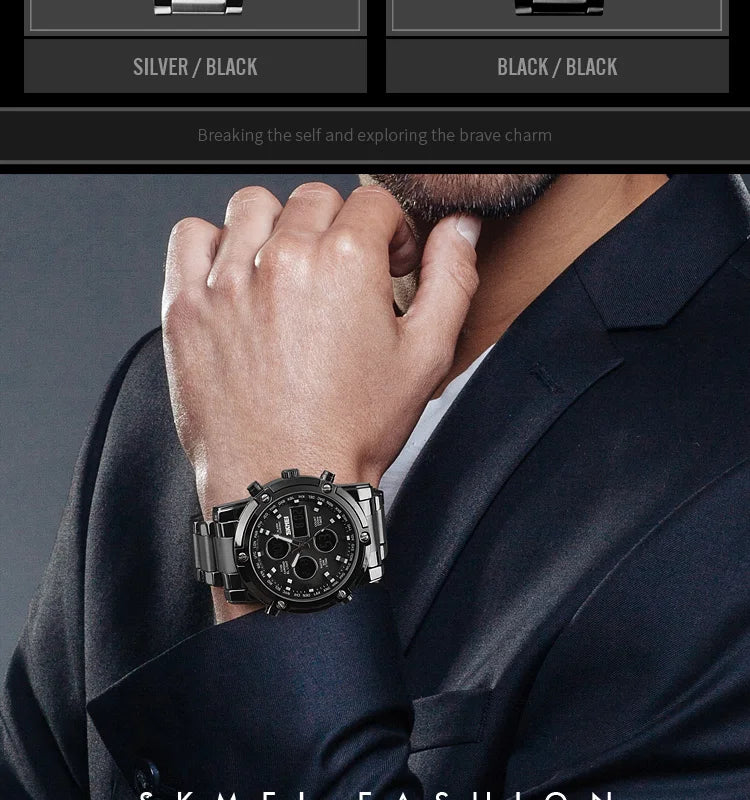 Montre Homme SKMEI Luxe Bracelet Acier 3 Fuseaux Horaires LED Sport Alarme Analogique Digitale Chronomètre | Montre SKMEI Multifonction Sport Luxe Premium