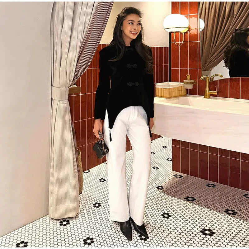 Veste Femme Velours Noir Franges Boutons Nœuds Ourlet Asymétrique Manches Longues Slim – Élégante Streetwear & Bureau