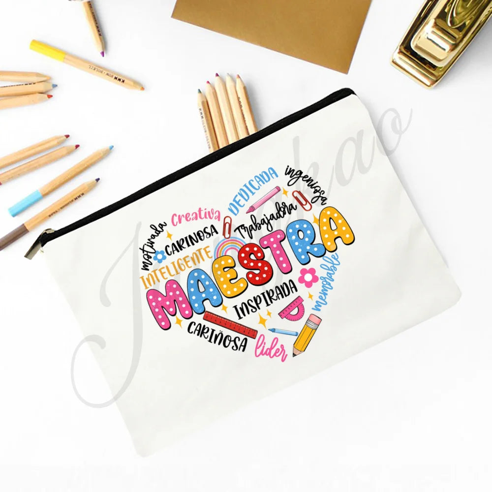 Trousse Maquillage Maestra Imprimé Coeur Espagnol – Organisateur Voyage & Crayon | Cadeau Enseignante