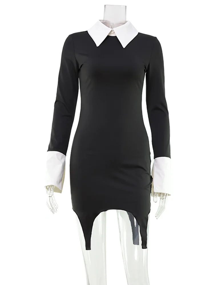 Robe Femme Fourreau Bodycon Manches Longues Col Revers Bicolore Sexy – Tenue Club Élégante | CNYISHE