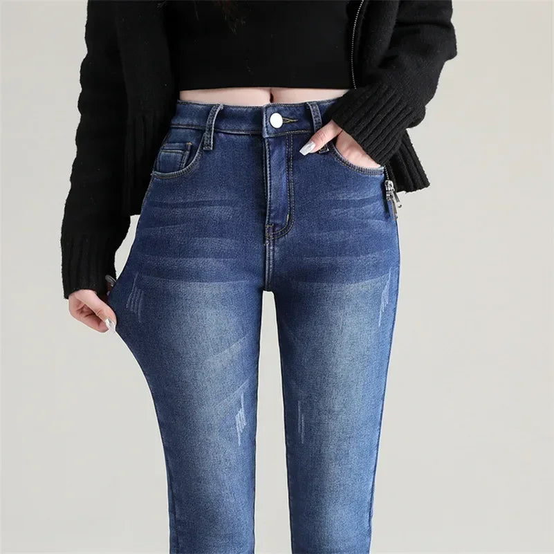 Jean Femme Thermique Skinny Taille Haute Chaud Polaire Stretch Denim – Pantalon Crayon Hiver Neige Confortable | Mode