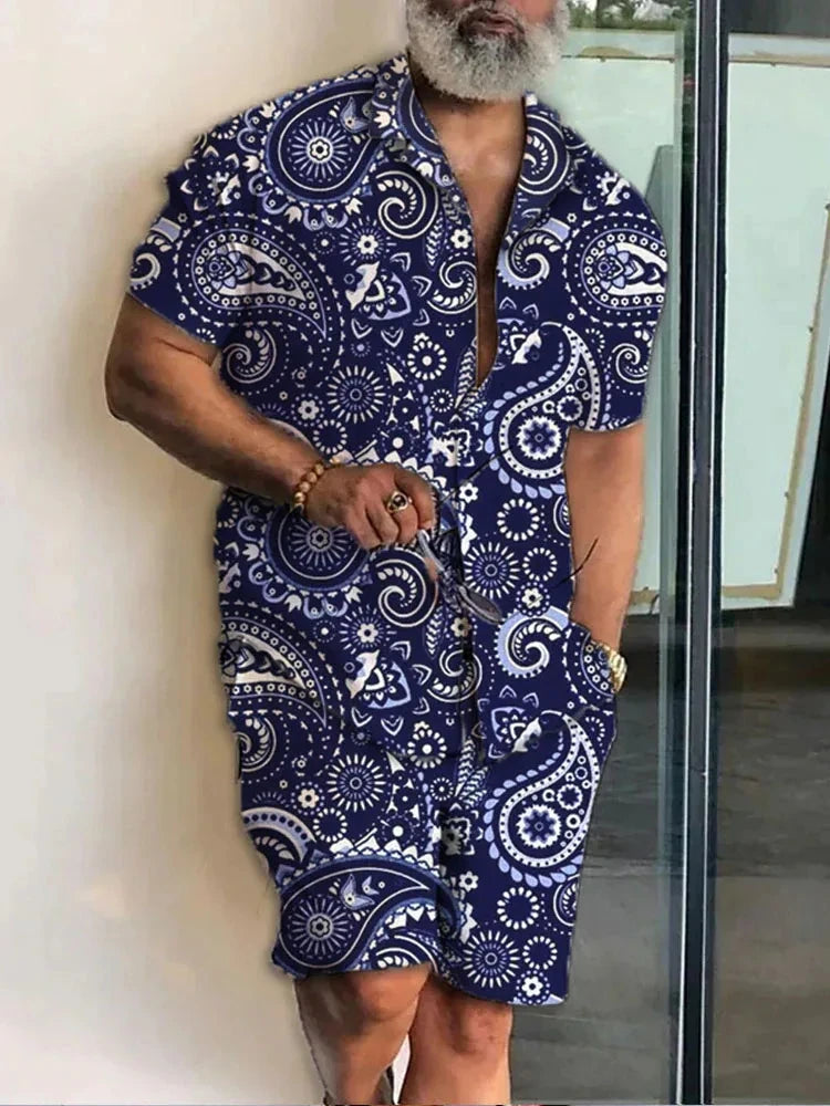 Ensemble 2 Pièces Homme Chemise Hawaïenne Manches Courtes + Short À Cordon Été Vacances Resort | Set Hawaii Premium