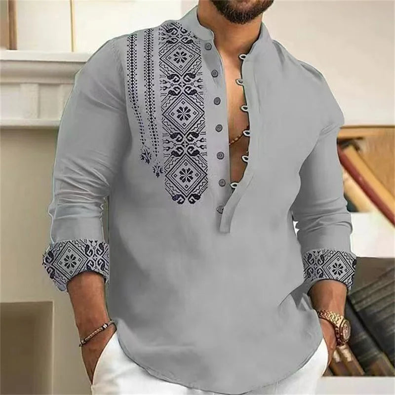 Chemise Lin Homme Cardigan Boutons Motif Tendance Coupe Slim Confortable Douce Rétro Grande Taille 6XL | Chemise Lin Rétro Premium