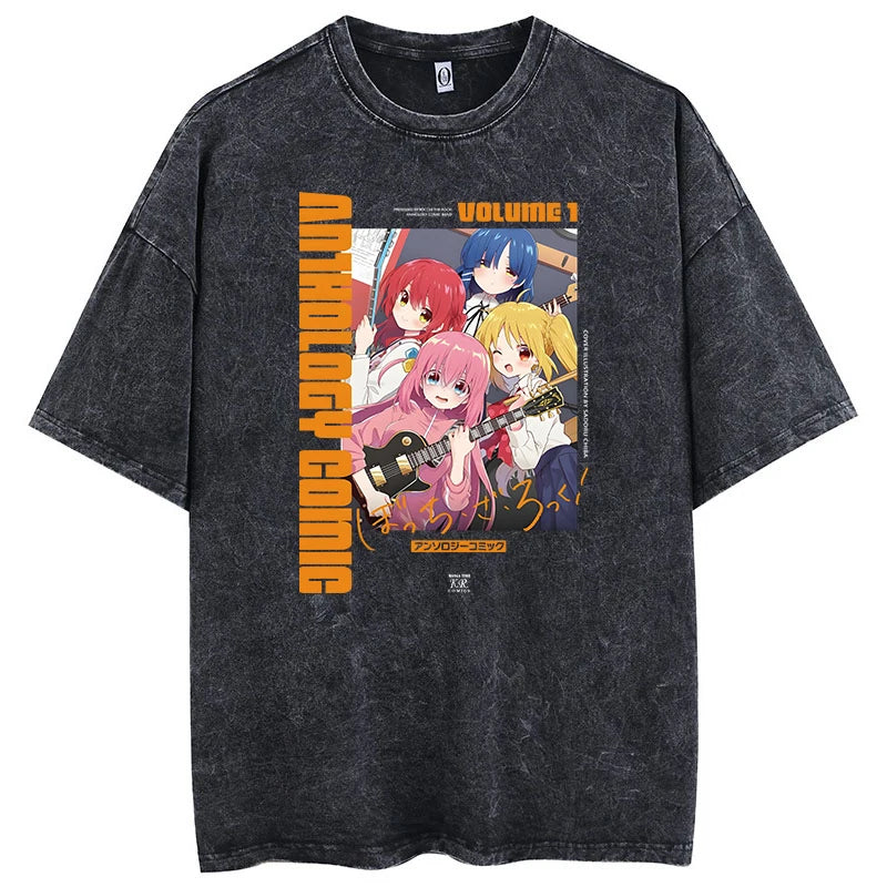 T-Shirt Homme Oversize Bocchi The Rock Anime Manga Imprimé Coton Lavé Col Rond – Fan Art Musique Streetwear | Mode Homme Otaku