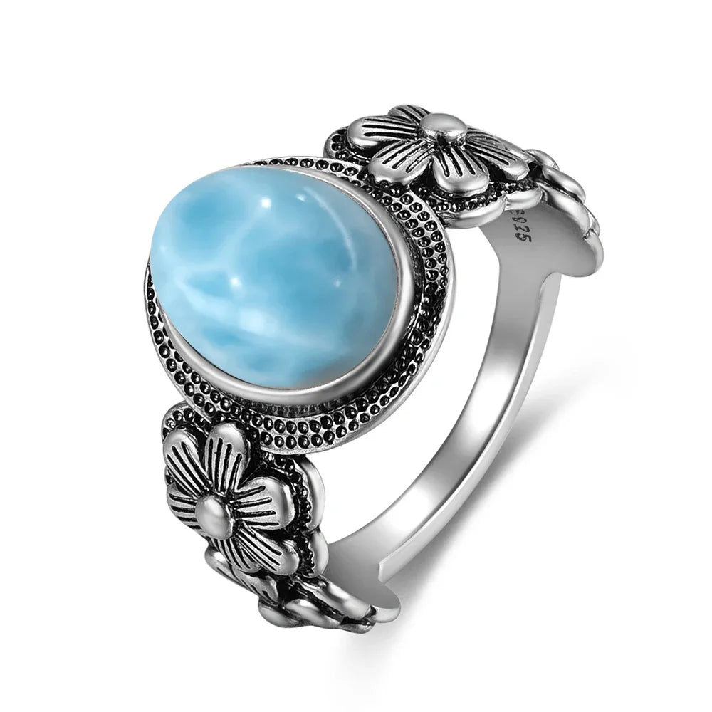 Bague Argent 925 Pierre Larimar Naturelle Vintage – Forme Fleur Ronde Bleu Ciel & Eau de Mer | Bijou Fin Unisexe Pierre Rare des Caraïbes & Cadeau Premium