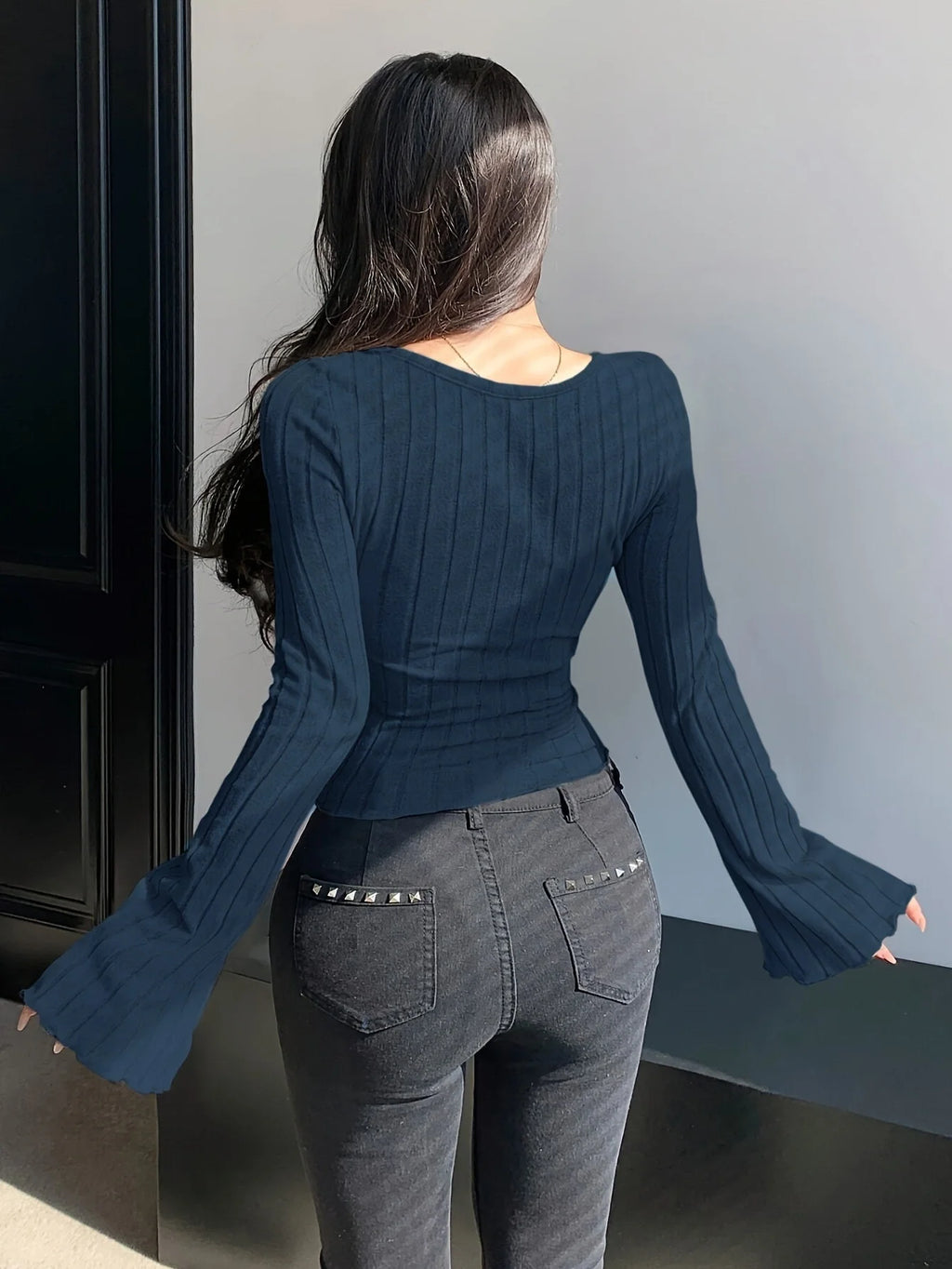 Damen Strick-Top Quadratischer Ausschnitt Langarm Überkreuzte Träger Gerippt Schmale Passform Casual – T-Shirt Streetwear Herbst Winter | Mode