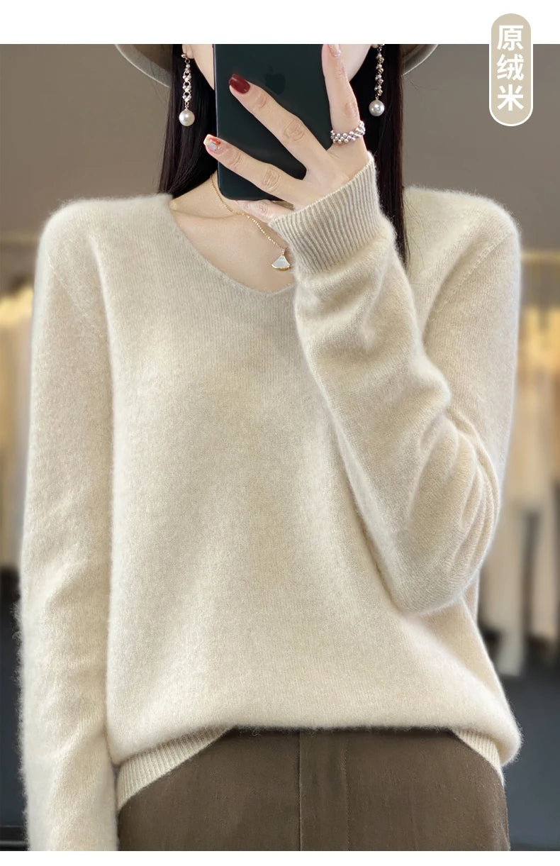 Kaschmirpullover 100% Wolle V-Ausschnitt Damen - Strick Casual Korean Fashion Herbst Winter
