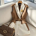 Gilet Blazer Femme Sans Manches Color Block Café Rétro Élégant – Veste Tailleur Bureau Casual Chic Printemps Été | Mode