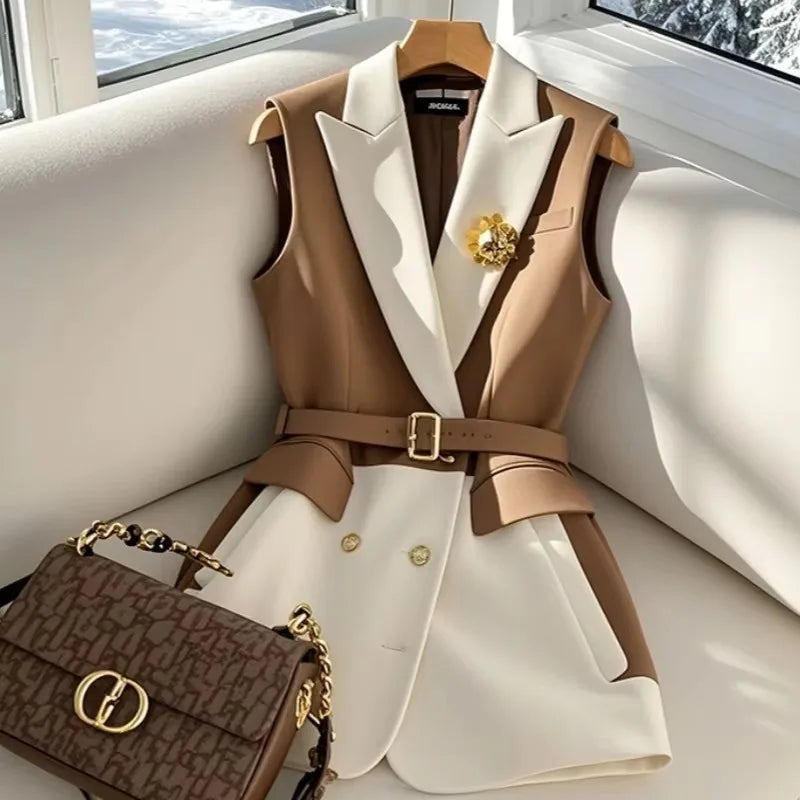 Gilet Blazer Femme Sans Manches Color Block Café Rétro Élégant – Veste Tailleur Bureau Casual Chic Printemps Été | Mode