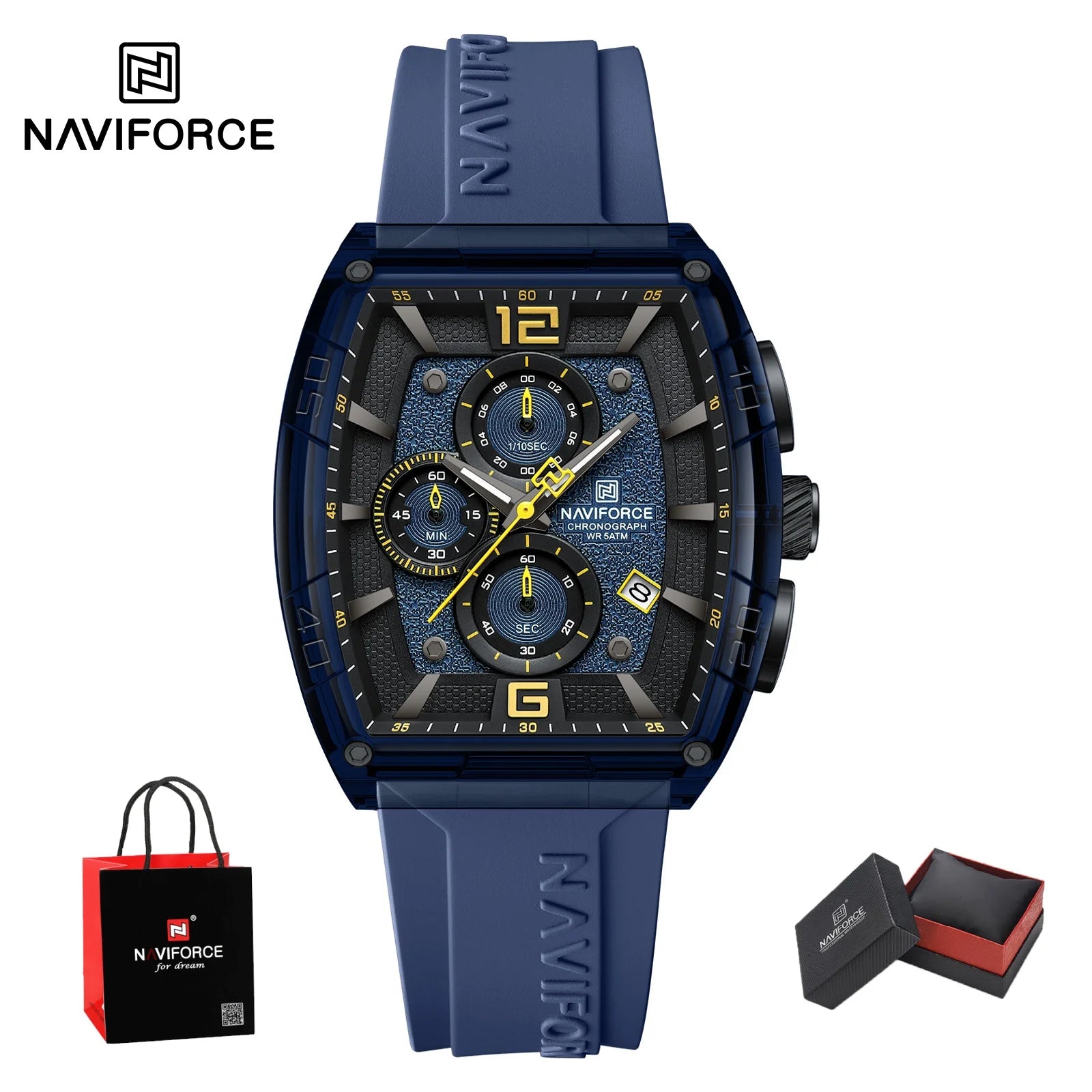 Montre Homme NAVIFORCE Luxe Sport Étanche Bracelet Silicone Quartz Lumineux Chronographe Coffret Cadeau Inclus | Montre NAVIFORCE Chronographe Sport Luxe Premium