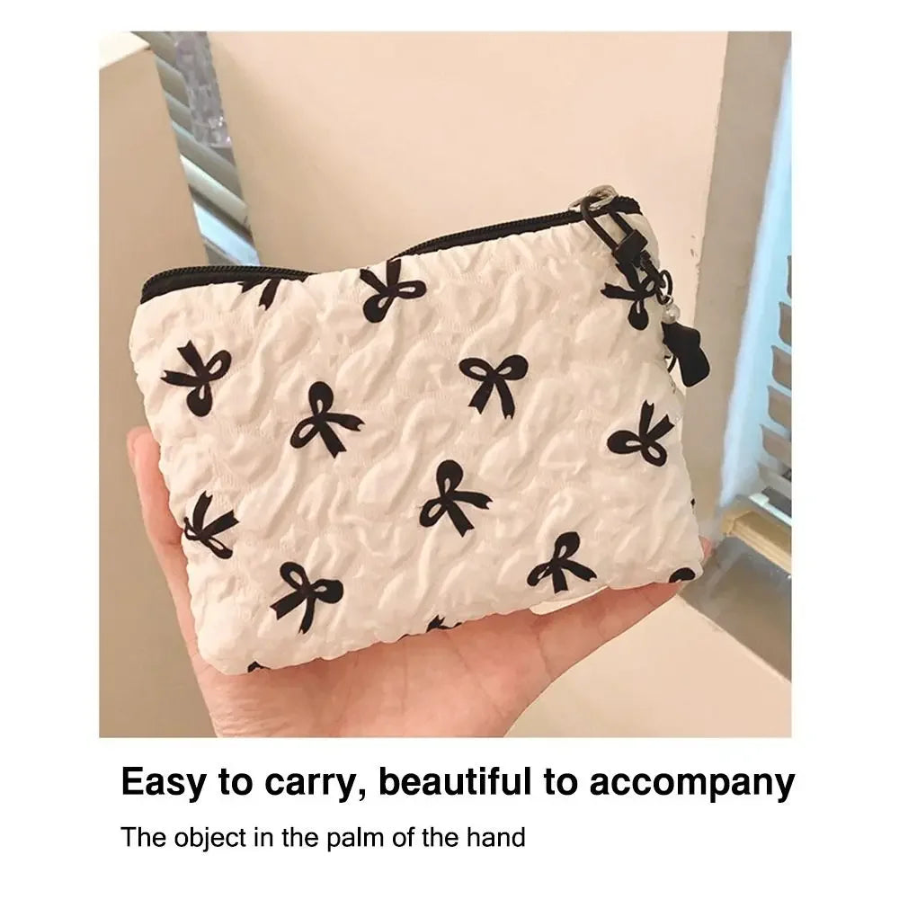 Trousse Cosmétique Nœud Plissé Coton Matelassé – Pochette Maquillage Voyage Filles | Organisateur Portable