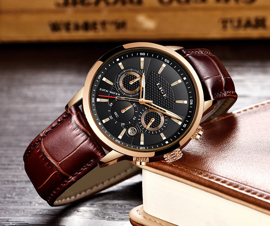 Montre Homme Luxe LIGE Chronographe Quartz Cuir – Business Sport Étanche Date 2025