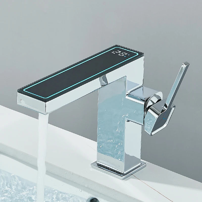 Robinet Lavabo Digital LED Gris – Affichage Température, Lumière LED, Mitigeur Eau Chaude & Froide | Salle de Bain High-Tech