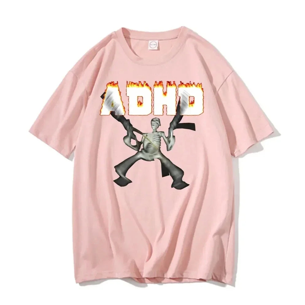 T-Shirt Squelette ADHD Meme Unisexe – Vintage Humour Horror Skull Oversize Hip Hop Été Homme & Femme | Streetwear Funny