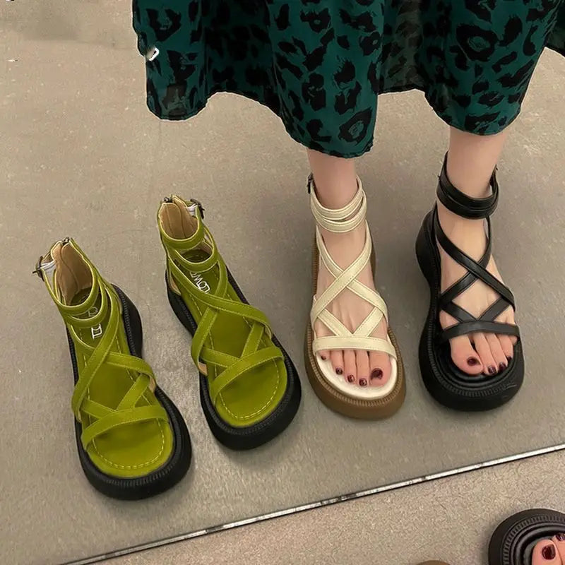 Grüne Römische Sandalen Mittelhoher Absatz Plateau Reißverschluss 2025 – Atmungsaktiv Mode Sommer