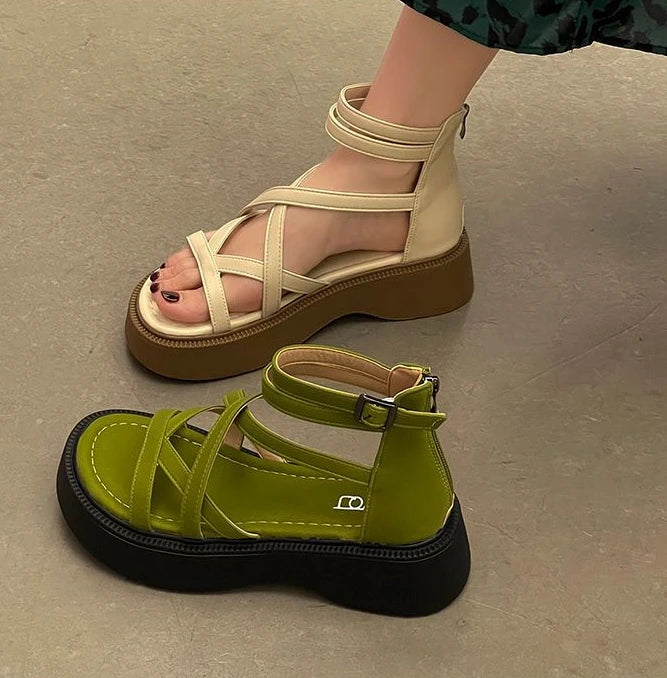 Grüne Römische Sandalen Mittelhoher Absatz Plateau Reißverschluss 2025 – Atmungsaktiv Mode Sommer