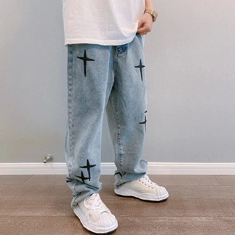 Jean Homme Imprimé Baggy Wide Leg Style Coréen K-Fashion Streetwear Cargo Droit Casual Loose Denim Tendance Urbain – Jean Baggy Premium K-Fashion | Mode Homme Streetwear K-Fashion Premium