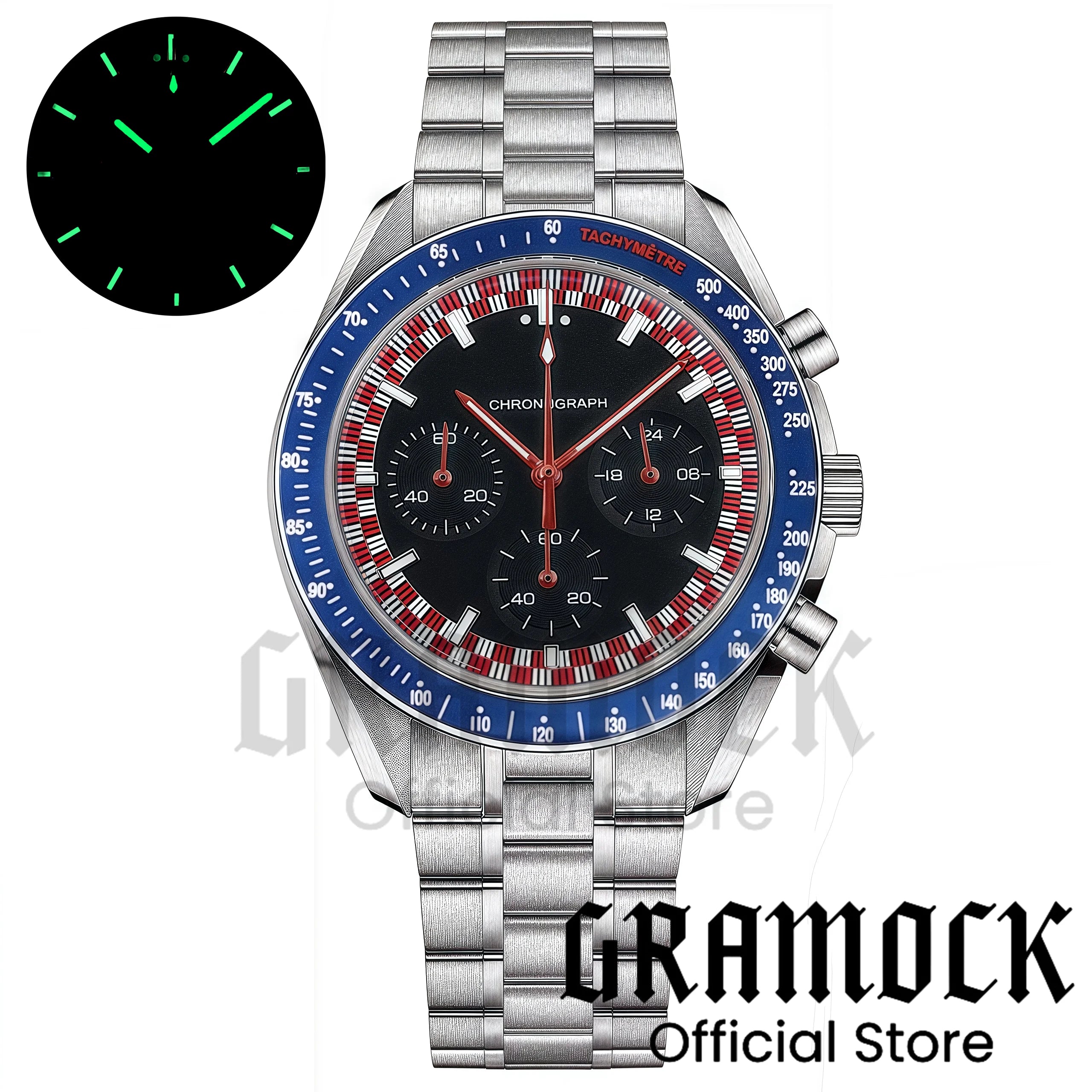 Montre Homme Gramock 40mm Quartz Moon Chronographe – Cadran Lumineux Acier Verre Minéral