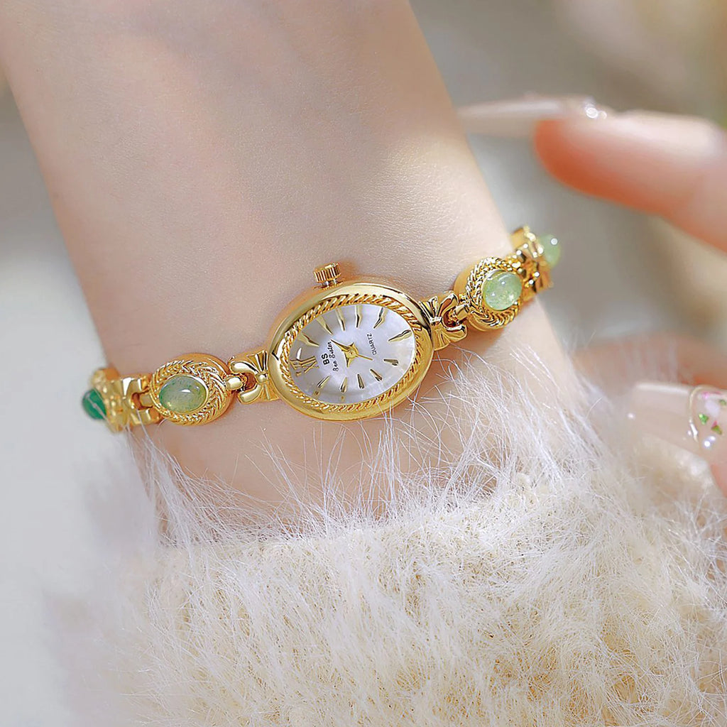Montre Femme Luxe Jade Bracelet Quartz Dorée – Élégante Fashion Cadeau Idéal