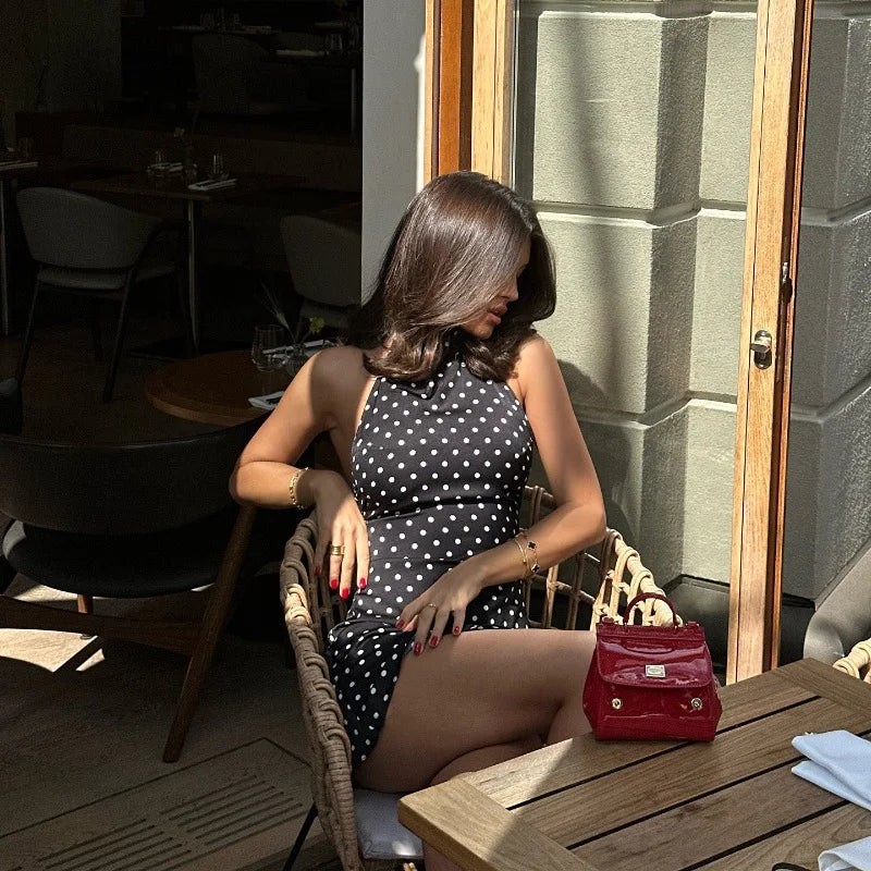 Mini Robe Femme Pois Élégante Épaules Dénudées Dos Nu Taille Haute Halter – Y2K Club & Soirée | Été