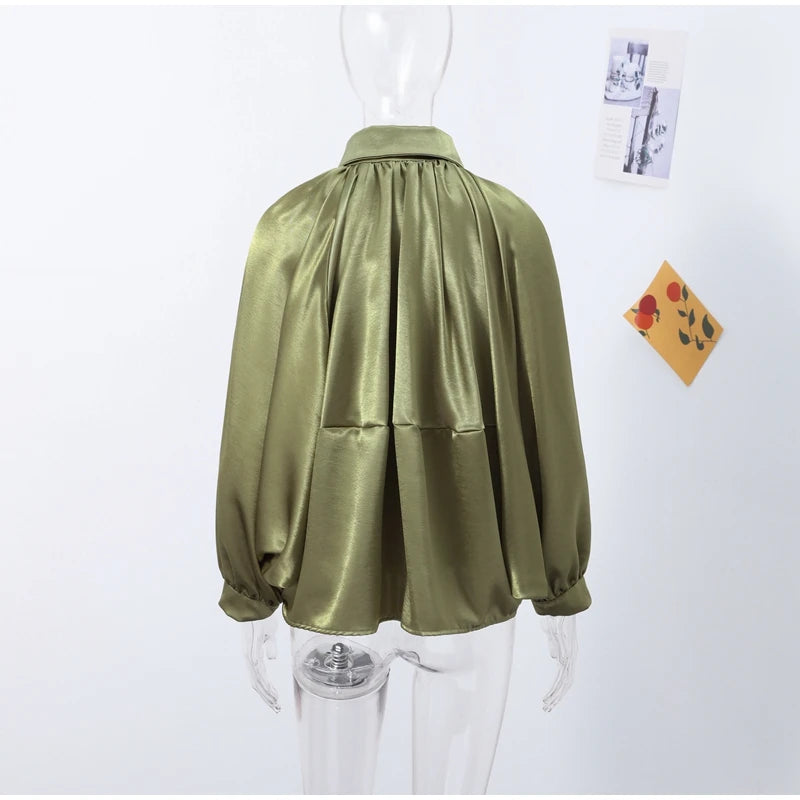 Veste Femme Suède Vert Élégante Manches Bouffantes Revers Fermeture Éclair Ample Plissée – Blouson Court Streetwear Printemps Automne | Mode 2025