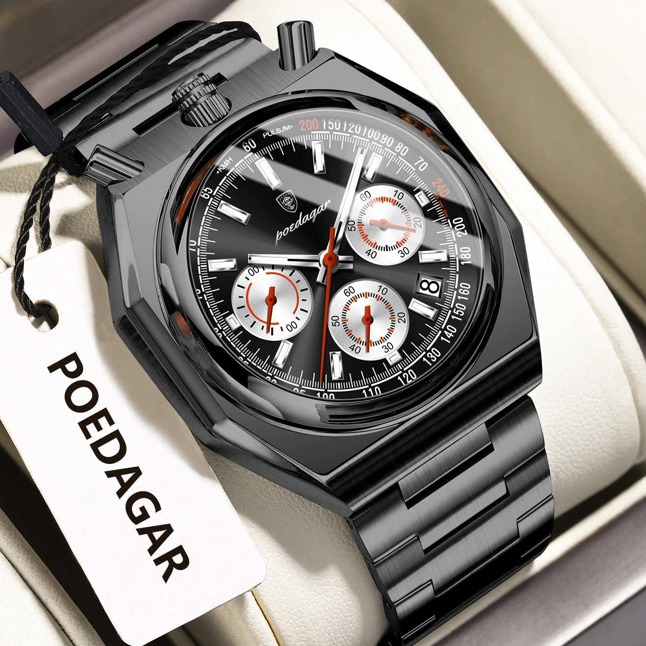 Montre Homme Luxe POEDAGAR Chronographe Militaire Acier Inoxydable Lumineux Étanche + Boîte
