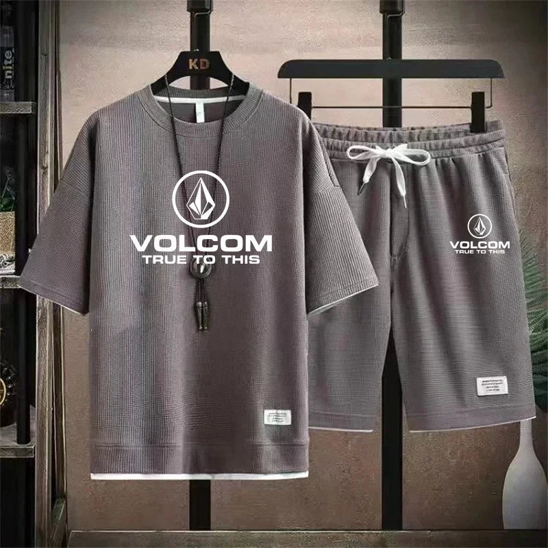 VOLCOM Ensemble T-shirt + Short Sport Homme Été – Waffle Imprimé Casual Sportswear