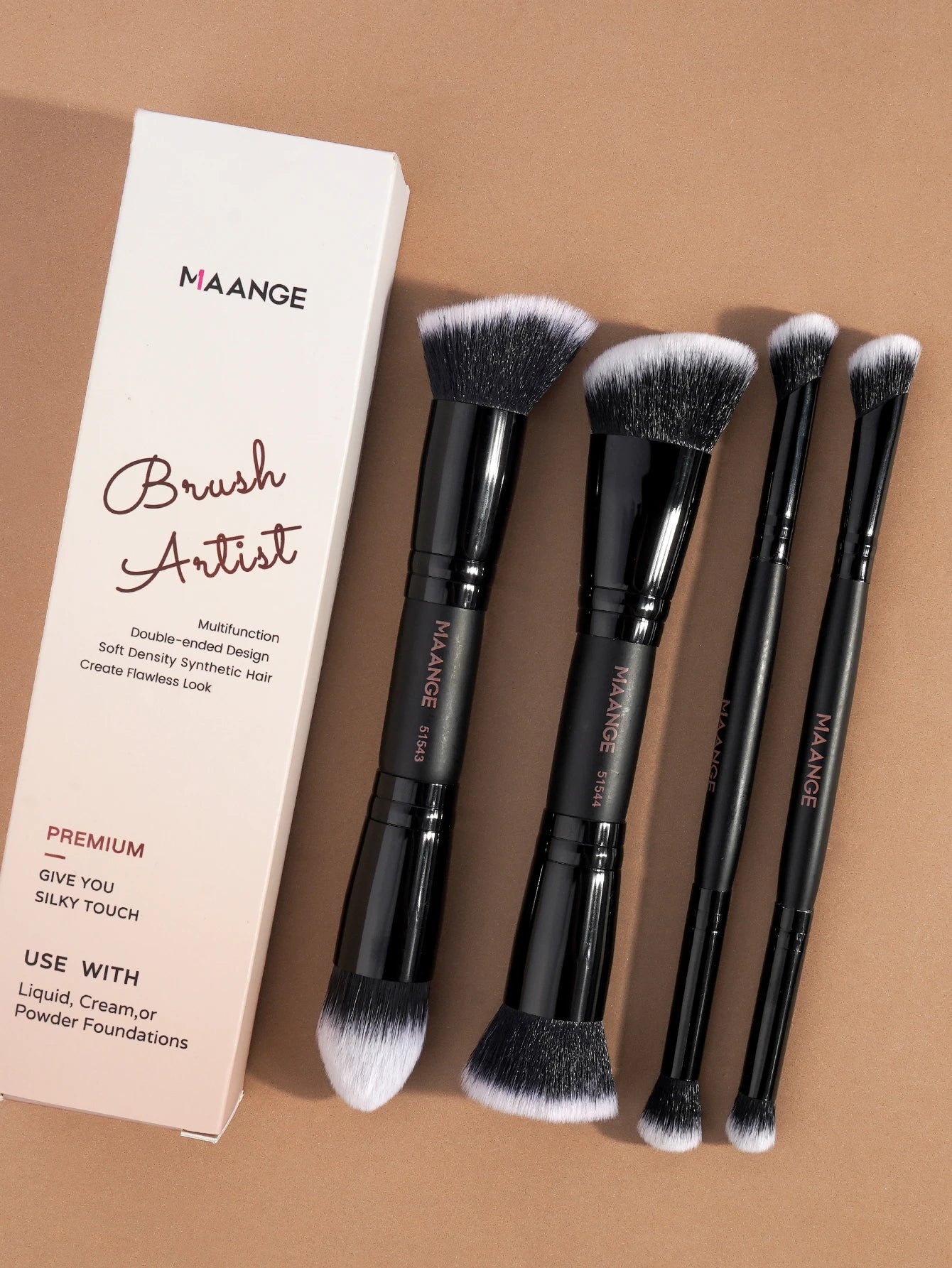Set 4 Pinceaux Maquillage MAANGE Double Embout – Fond de Teint, Poudre & Fards | Boîte Voyage Débutante