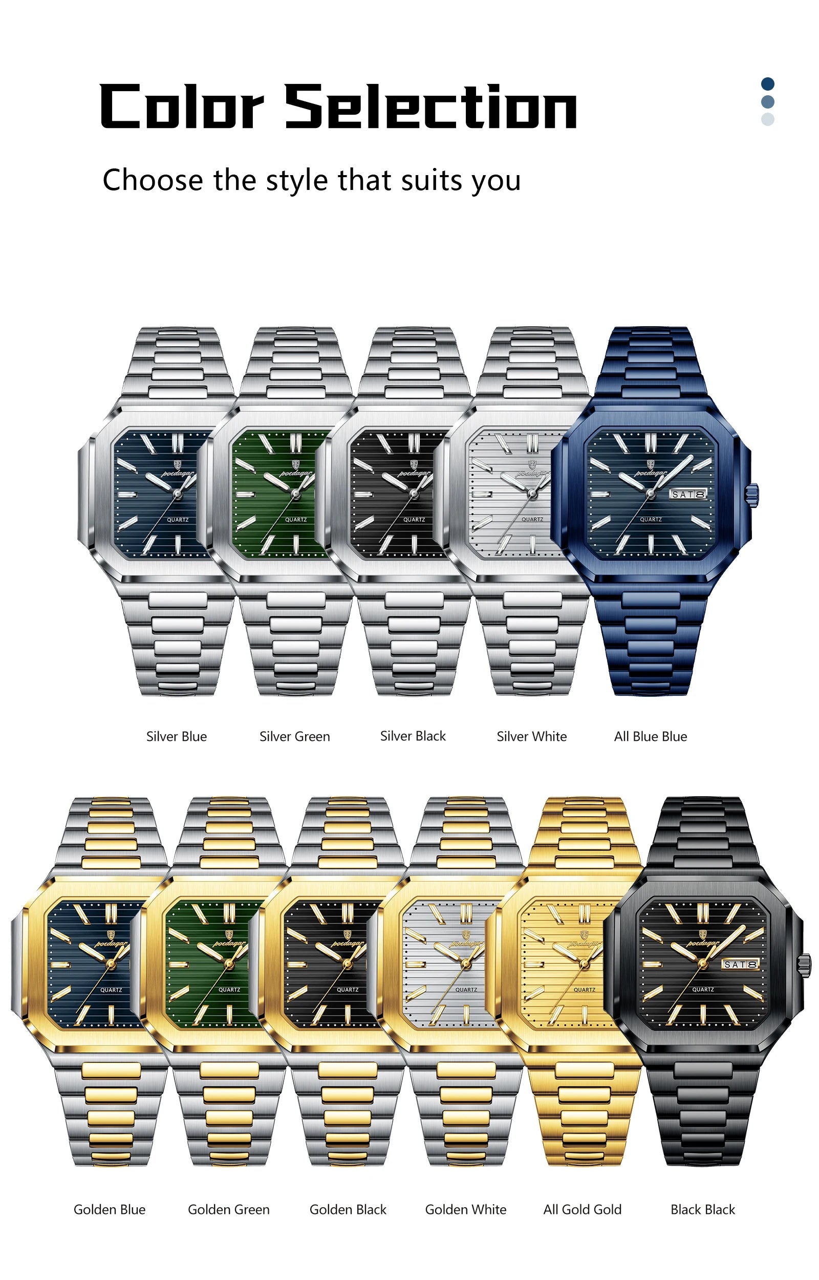 Montre Carrée Luxe Homme Poedagar – Quartz Étanche Lumineuse Date Semaine Acier Inoxydable Fashion