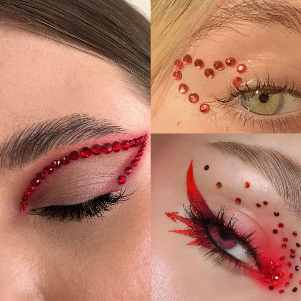 3 Planches Strass Visage Noël Rouge – Stickers Autoadhésifs Bijoux Yeux 3-6mm | Maquillage DIY Piercing Fantaisie