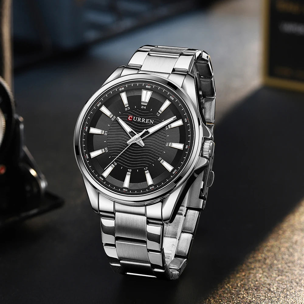 Montre Homme CURREN Business Casual Quartz 44mm – Acier Noir Lumineux Étanche Fashion