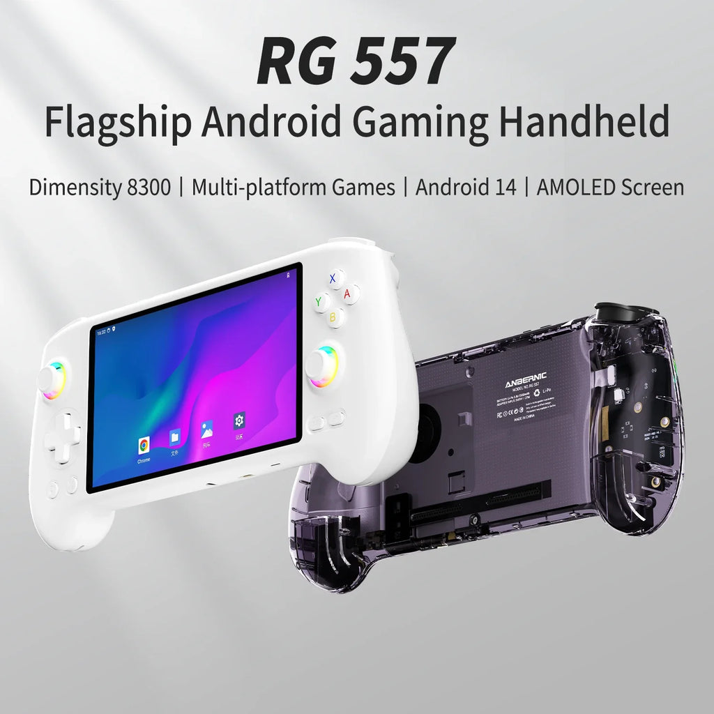 ANBERNIC RG557 Console Gaming Portable – Écran AMOLED 5.48", Android 14, Processeur Dimensity, Joystick Capacitif & Ventilation | Retrogaming Premium