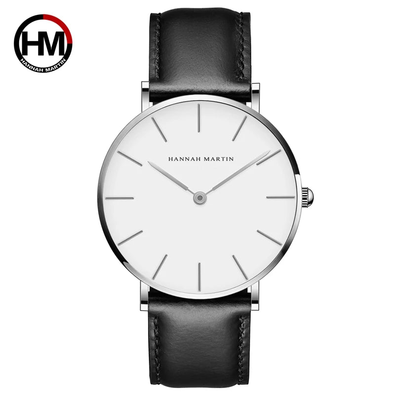 Montre Homme Hannah Martin Quartz Japonais – Bracelet Cuir Marron Argenté Étanche Fashion