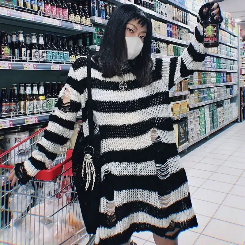 Gothic Damen Strickpullover Lila Streifen Zerrissen Ausgefranst – Fairy Grunge Lolita Emo Streetwear Stil