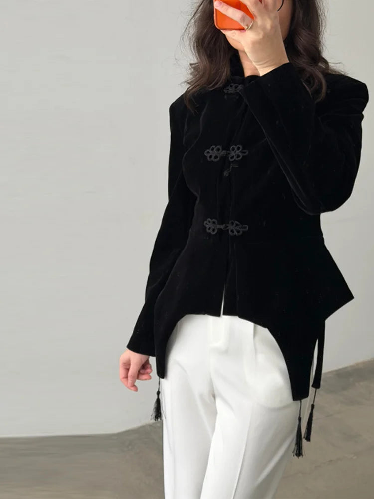 Veste Femme Velours Noir Franges Boutons Nœuds Ourlet Asymétrique Manches Longues Slim – Élégante Streetwear & Bureau