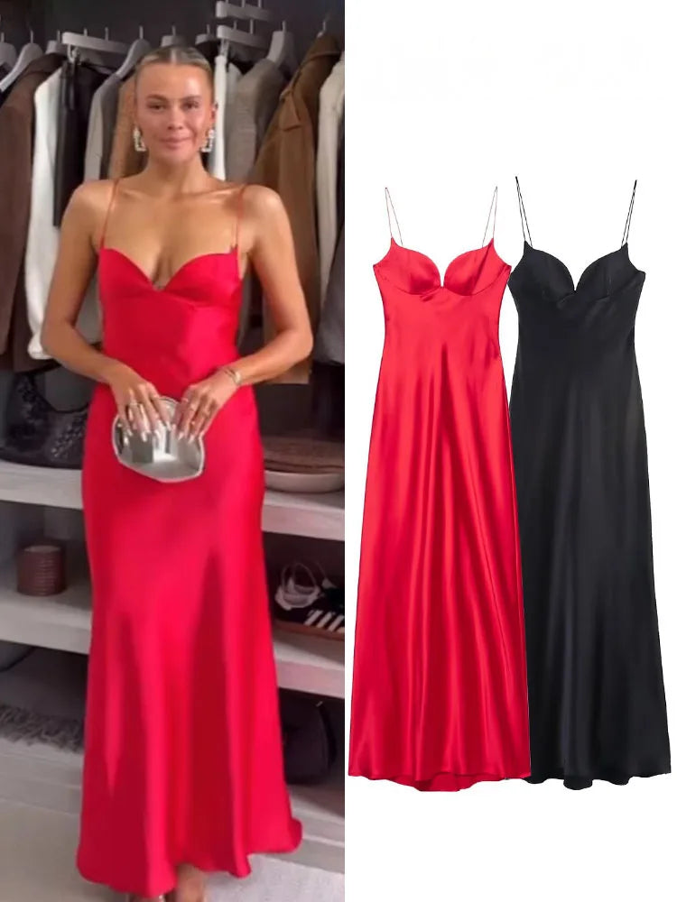 Robe Longue Femme Satin Rouge Col V Bretelles Sans Manches – Fermeture Dos Zip Élégante | HH Été 2025
