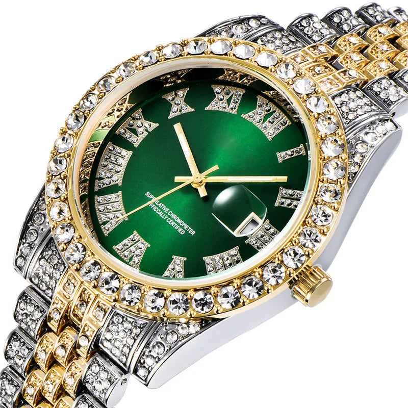 Montre Homme Hip Hop Diamant Fashion Bracelet Alliage Dorée Luxe Date Quartz Tendance Streetwear Bling | Montre Hip Hop Diamant Dorée Premium