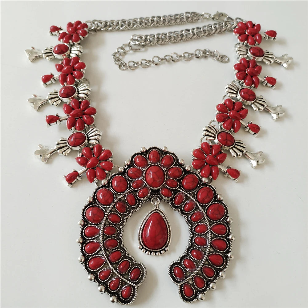 Parure Collier & Boucles Boho Ethnique Turquoise Résine – Pendentif Statement Baroque Retro | Style Indien Vintage | Bijou Femme Tendance 2026