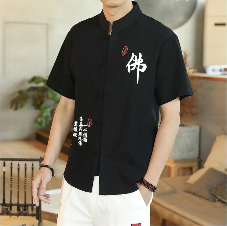 Chemise Style Chinois Homme Tang Suit Lin 2023 – Kung Fu Hanfu Manches 3/4 Grande Taille 4XL 5XL