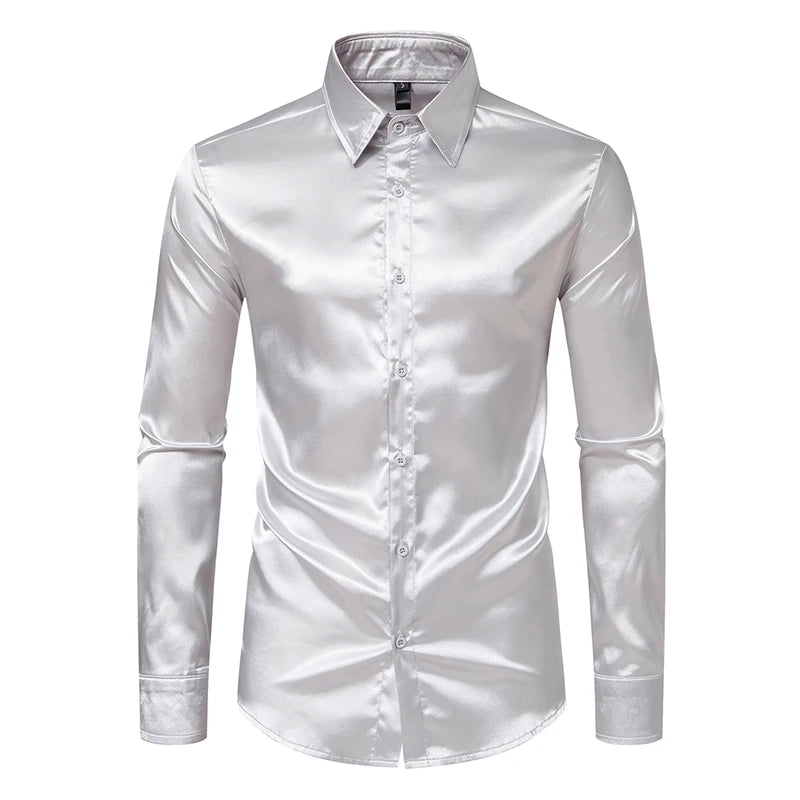 Chemise Homme Satin Noir Luxe Soie Lisse Tuxedo Mariage Soirée Prom Casual Business Bureau Élégante Couleur Unie Premium – Chemise Satin Luxe Cérémonie | Mode Homme Luxe Cérémonie Premium