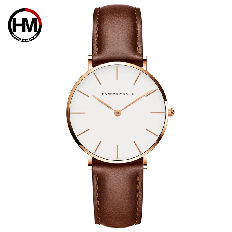 Montre Femme Luxe HANNAH MARTIN Ultra-Fine 36mm Cuir Or Rose – Étanche Élégante Fashion