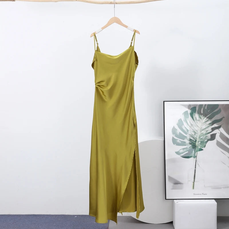 Robe Maxi Satin Femme Volantée Bretelles Fente Latérale Dos Nu Sans Manches Sexy – Longue Élégante Soirée Club | Glamour 2025