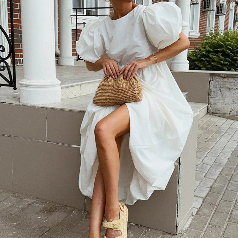 Robe Maxi Femme Boho Blanche Manches Bouffantes Taille Haute Ample Coton – Longue Été Bohème