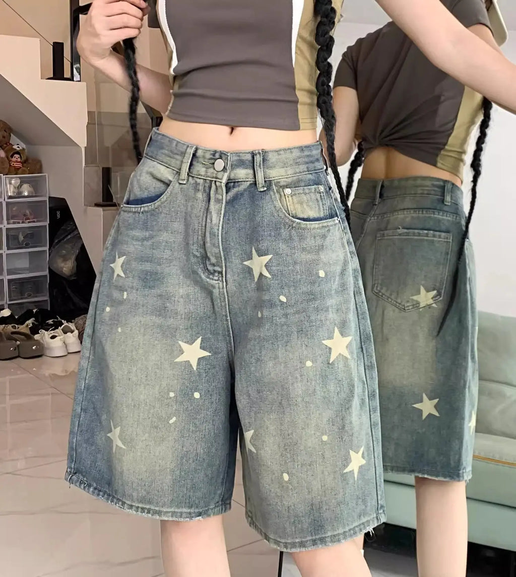 Short Jean Femme Imprimé Floral & Étoiles Style Rétro Américain – Jambe Droite Large Stretch Confortable