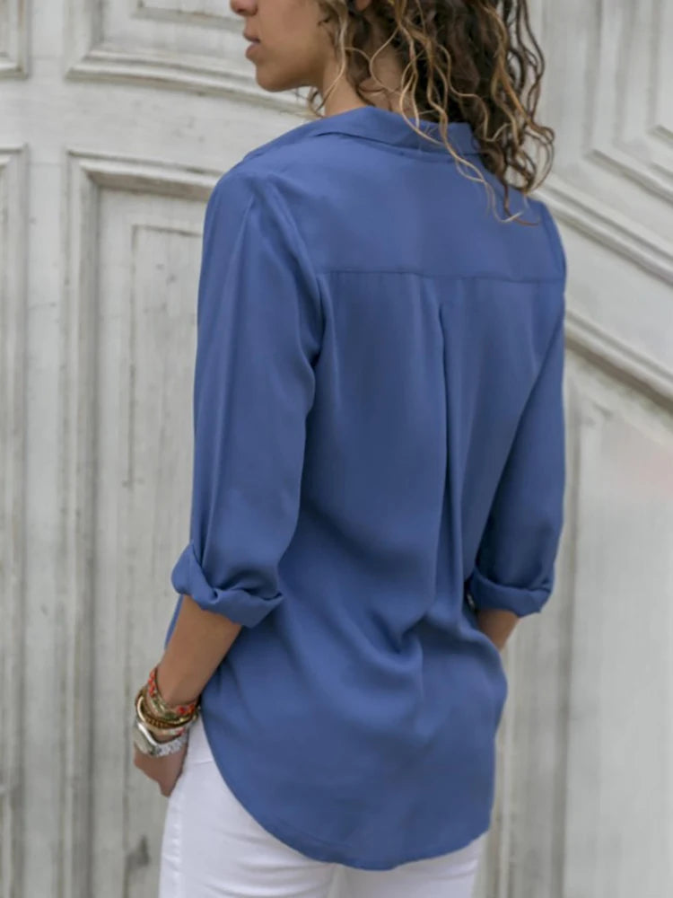 Damen-Chiffonbluse mit langen Ärmeln und Reverskragen – Elegante weite Hemdbluse | Büro & Freizeit Frühling Sommer