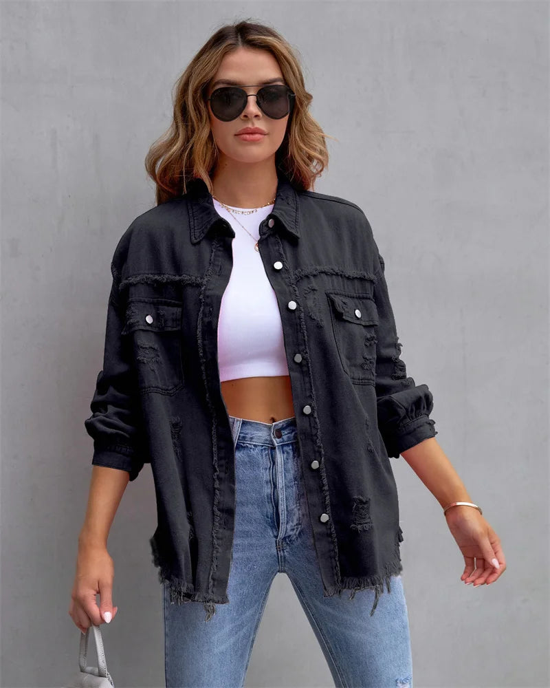 Veste en Jean Femme Bords Bruts Troués – Style Chemise Casual | Printemps Automne Tendance 2025