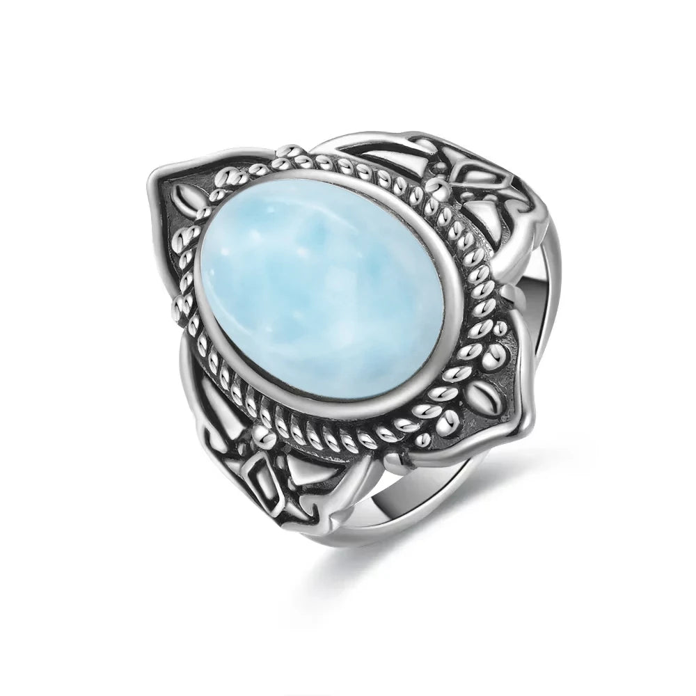 Bague Argent 925 Pierre Larimar Naturelle Vintage – Forme Fleur Ronde Bleu Ciel & Eau de Mer | Bijou Fin Unisexe Pierre Rare des Caraïbes & Cadeau Premium