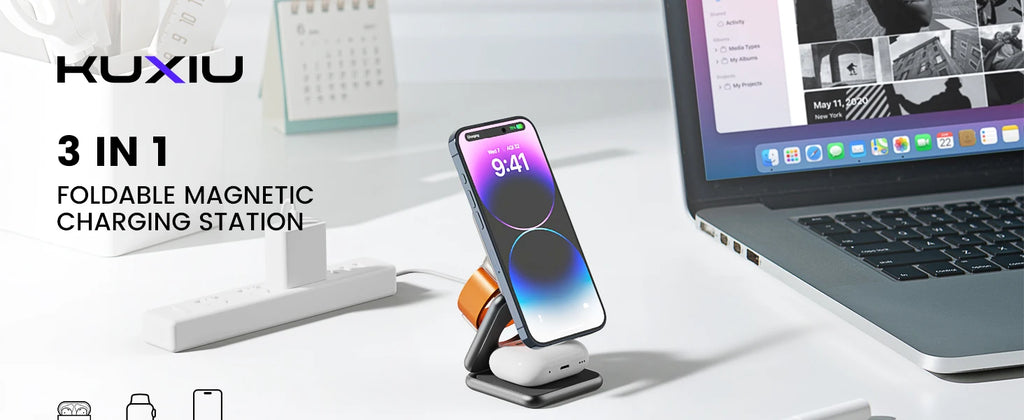 KUXIU X40 Chargeur 3-en-1 Pliable Magnétique – iPhone 17-13 AirPods 4-2 iWatch Charge Rapide