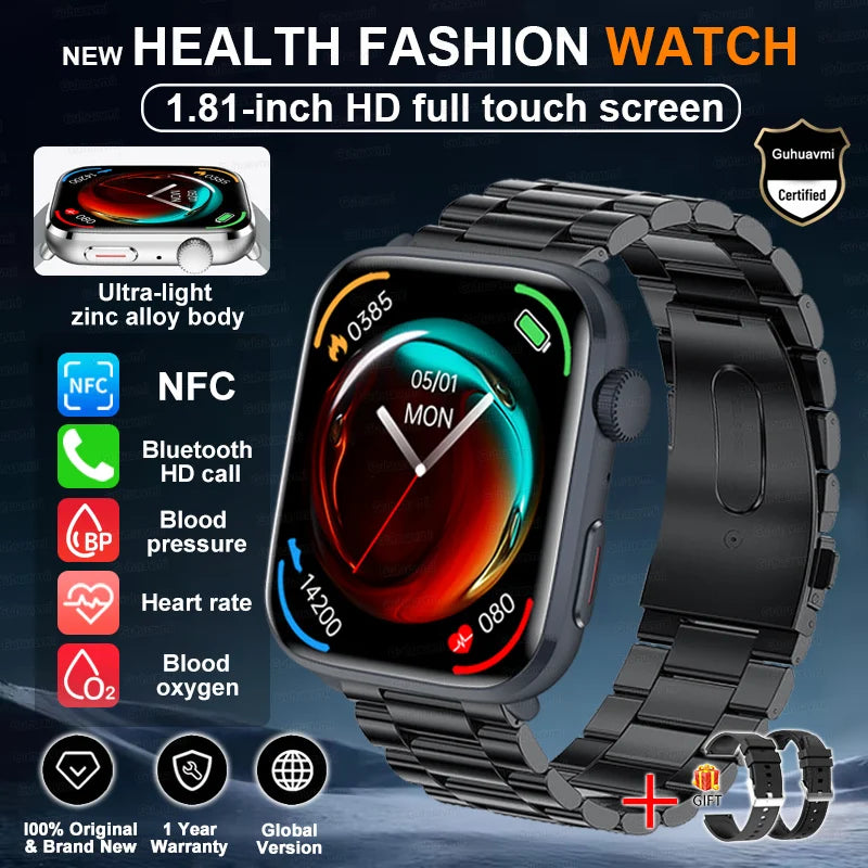 Smartwatch 2025 Unisex Gesundheit NFC Bluetooth – Blutdruck Sauerstoff Sport Anrufe | Herren & Damen